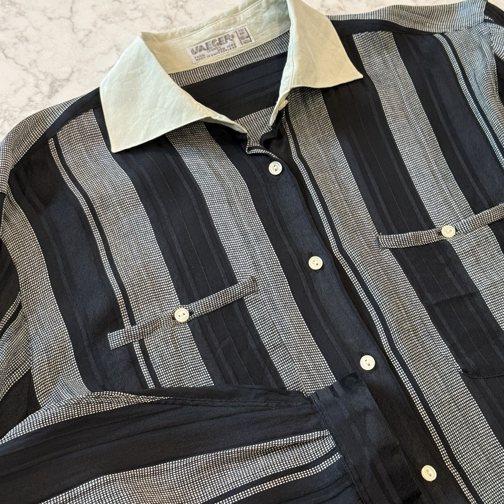 Vintage 90s Jaeger Silk Button Up Shirt Black Cream XL
